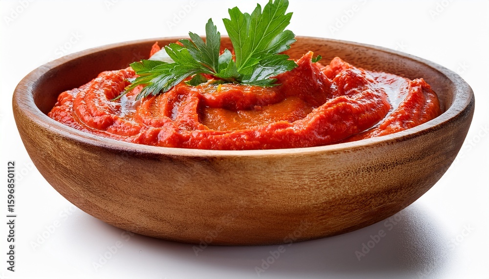 homemade red pepper dip served in a wooden bowl with garnish on a transparent background cut out homemade red pepper dip served in a wooden bowl with garnish on a transparent background cut out
