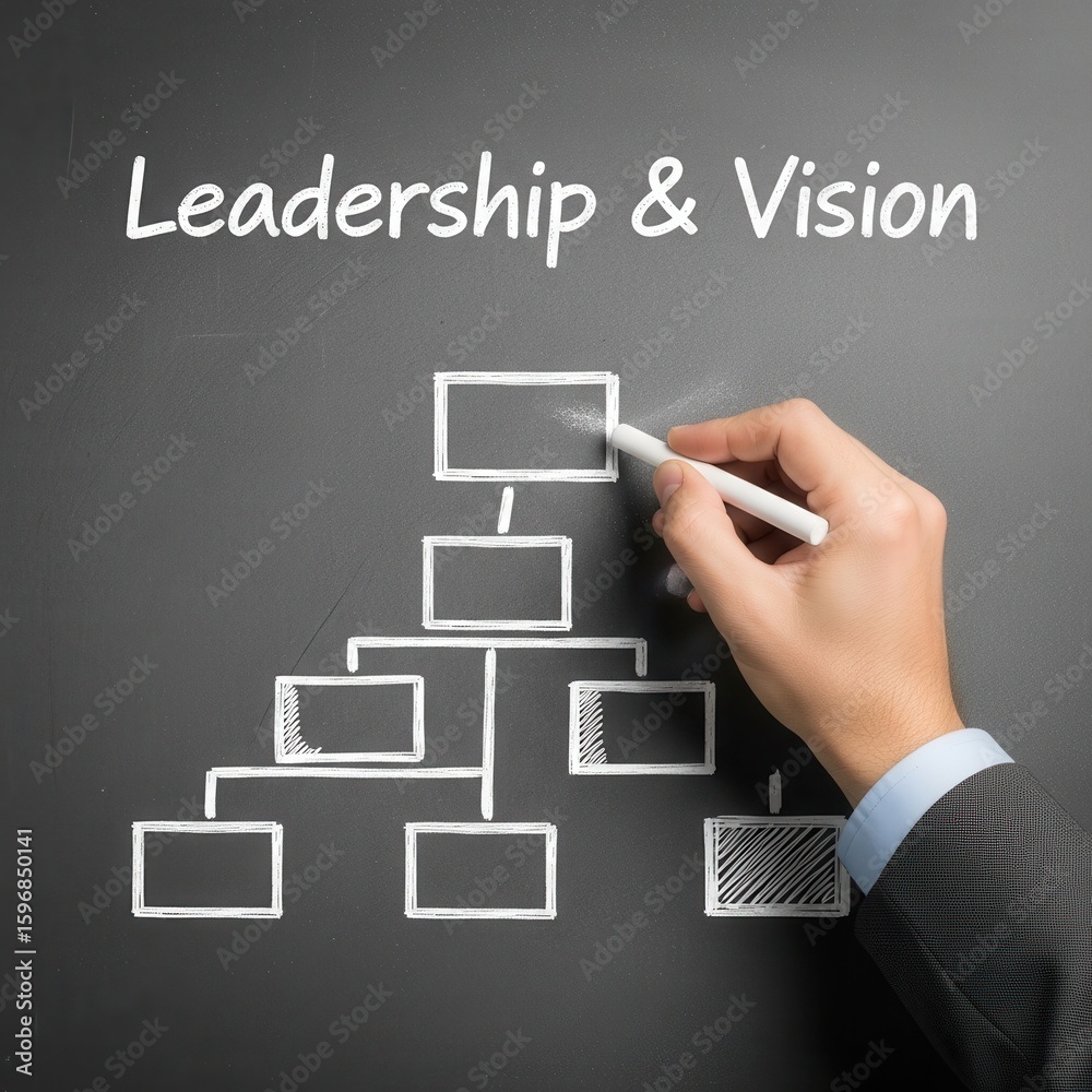 Fototapeta premium Hand drawing organizational chart on blackboard with leadership and vision text chalk business