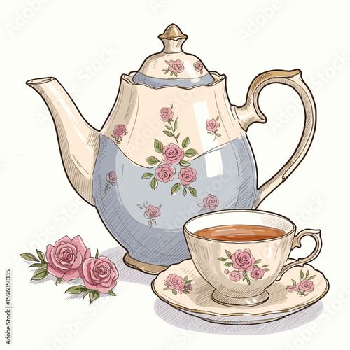 Vintage tea set with floral design and cup of tea on saucer  