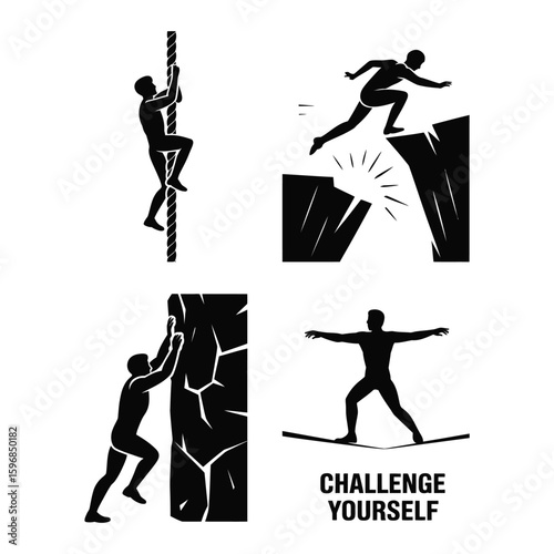 Black and white vector set of physical challenge icons showing rope climbing, pit jumping, wall pushing, and tightrope walking