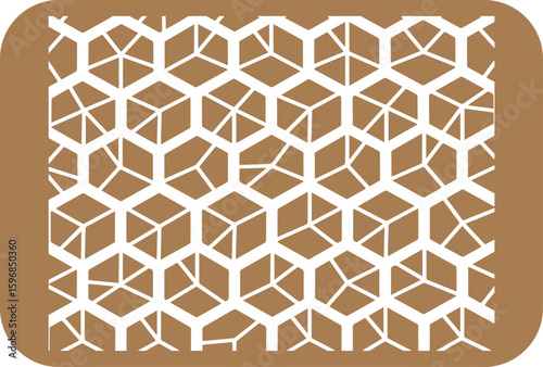 Intricate geometric pattern featuring interlocking white hexagonal shapes with subtle cube like three dimensional illusions on a warm brown background