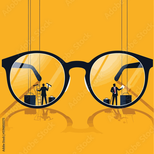 Two miniature figures working inside the lenses of a large pair of glasses, on a yellow background.