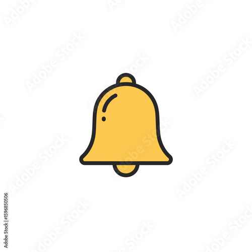 A simple yellow bell icon with black outline and subtle shading isolated on a white background center aligned