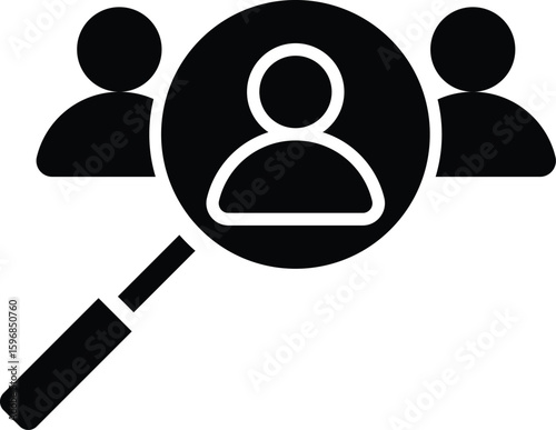 Magnifying glass over user icon representing recruitment or candidate search. HR management symbol in black and outline style, ideal for hiring, CV review, or user targeting concepts.