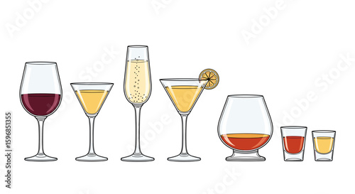 Various alcoholic beverages in different glasses and sizes  