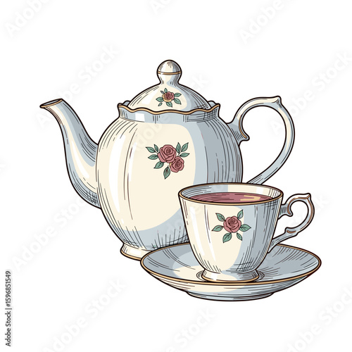 Vintage tea set with teapot and cup featuring floral design  