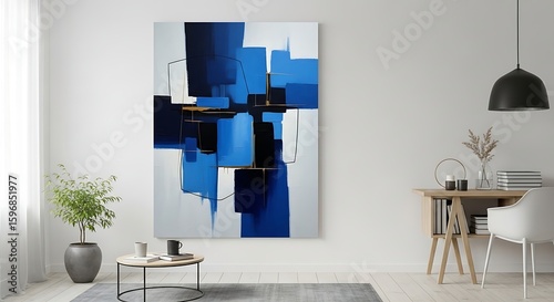 Modern Interior Scene: Abstract Painting, Minimalist Decor, and Stylish Furniture Enhancing a Bright, Airy Living Space.