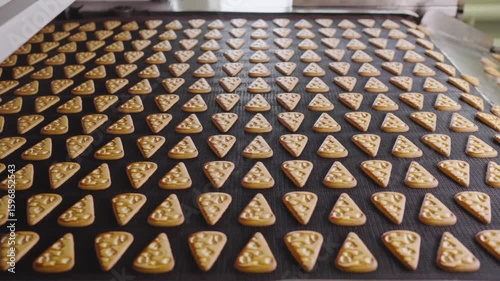 Cookies moving on conveyor belt in food processing plant