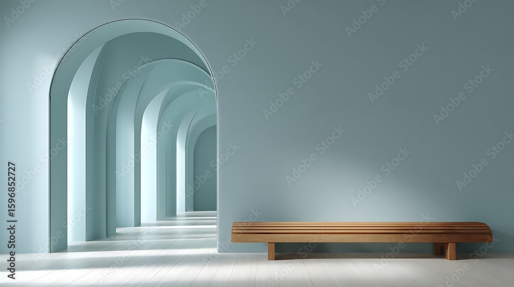 Fototapeta premium Minimalist corridor features arches and wooden bench. Use for architectural visualization, marketing, design concepts.