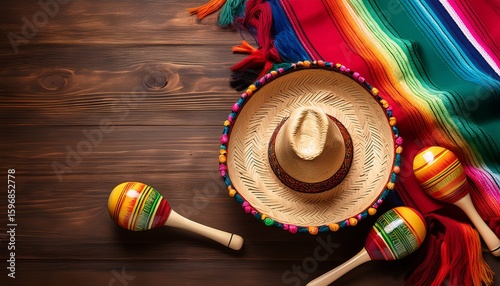 maracas serape and mexican hat on wooden table cinco de mayo copy space