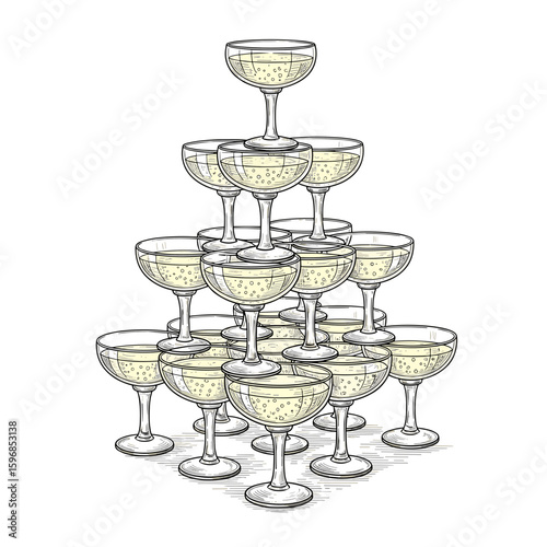 Champagne tower with sparkling glasses in festive arrangement  