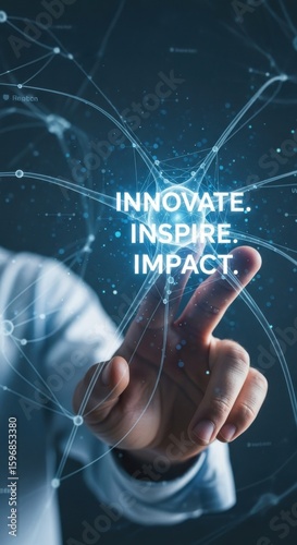 Hand touching glowing network connections with text innovate inspire impact Generative AI business Cybersecurity