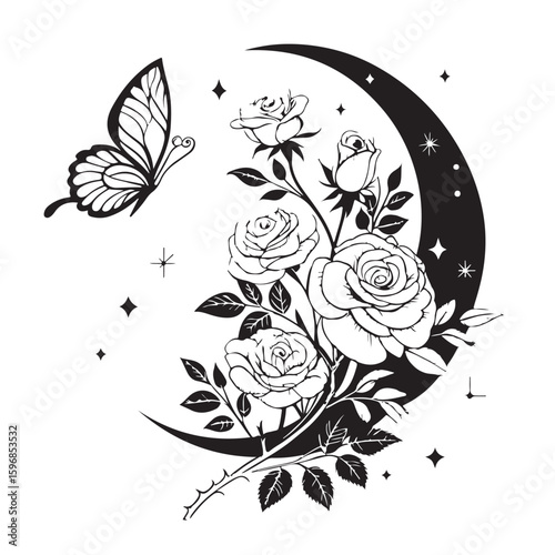 rose flower tattoo silhouettes with moon and butterfly in decorative vector silhouette style
