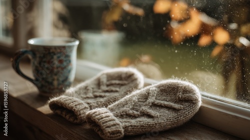 Wallpaper Mural Wool mittens resting on windowsill with falling leaves and steaming tea cup Torontodigital.ca