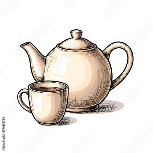 Teapot and cup with tea in illustrative style on white background  