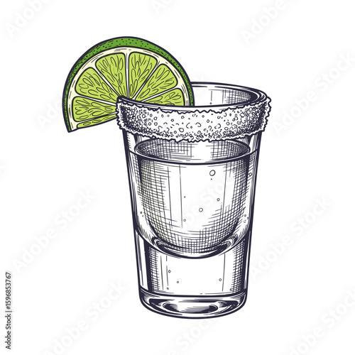 Shot glass of tequila with lime and salt rim on white background  