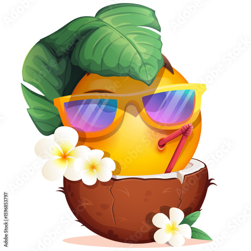 Summer emoji with coconut cocktail and cocktail straw on white background. Funny summer emoticon with tropical flowers and tropical leaves. Positive vibes, good mood, vacation, travel, holiday concept