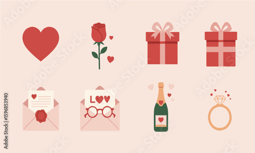 Flat Illustration Of Valentine Icons Like Gifts, Rose, And Hearts Suitable For Icons, Stickers, Or Product Decor Flat Design Style