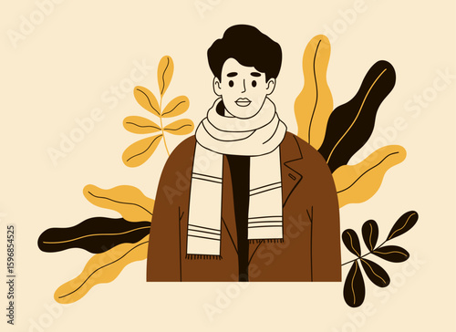 Autumn man in cloak and scarf. Autumnal male Portrait with Leaves. Minimalist hand drawing. Vector illustration