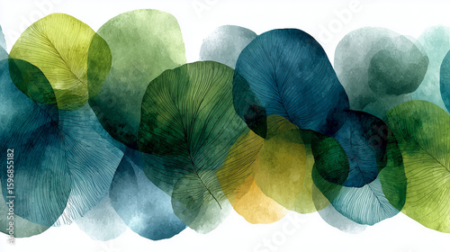 Watercolor background with translucent green and blue petal shapes