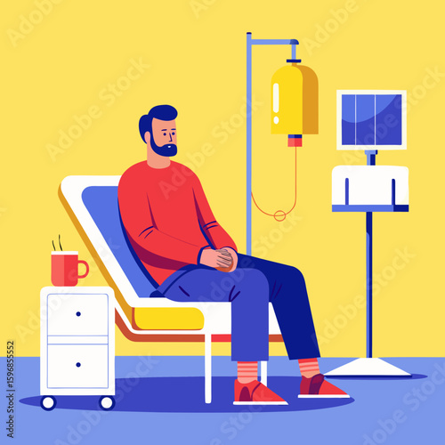 Man receiving medical treatment with an iv drip in a hospital room