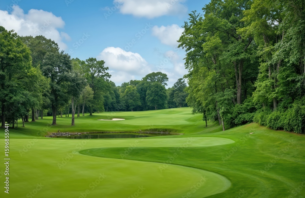 Fototapeta premium Serene golf course landscape under clear blue sky with green grass. Golf hole surrounded by water hazards, possibly lakes ponds, with calm, undisturbed water. Well-manicured grass, trimmed trees