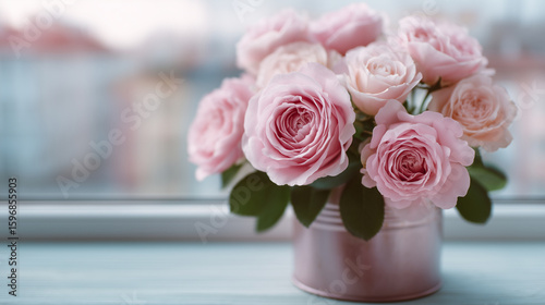 Close-up of ivory rose bouquet in metal container, displayed near window and dark sign, minimalist floral composition with soft tones pastel florals, wedding roses, gentle bloom di