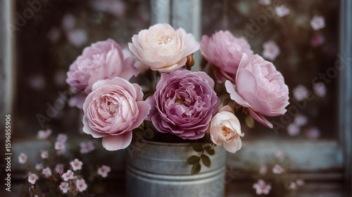 Close-up of ivory rose bouquet in metal container, displayed near window and dark sign, minimalist floral composition with soft tones pastel florals, wedding roses, gentle bloom di