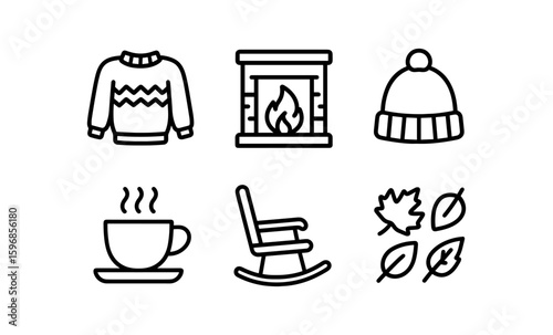 Cozy winter icons: sweater, fireplace, and warm beverages in simple line art