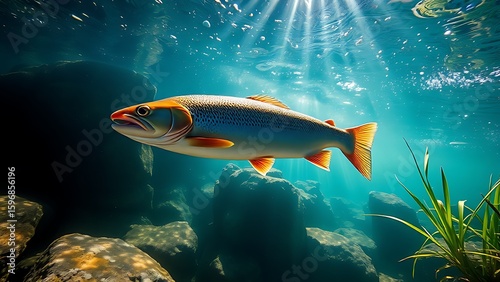 Trout swimming near submerged rocks in clear river water, sunlight filtering through the surface.