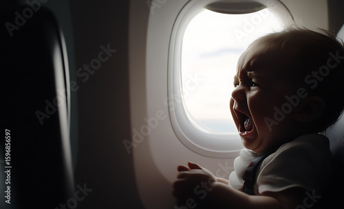 Crying baby on airplane. Turbulent travels with a screaming toddler at window seat, expressing displeasure during a flight, making it a memorable family trip.
