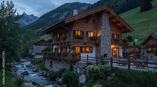 Alpine chalet with oversized stone chimney, deep overhanging eaves, window boxes overflowing with blooms, mountain stream running beside property, dusk ambiance.