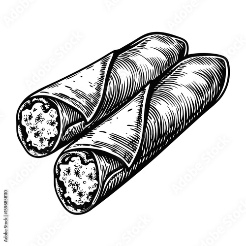 Two delicious cannoli desserts in engraved style, classic Sicilian pastry filled with sweet cream. Enjoy traditional cannoli as a treat, featuring ricotta cheese and crispy shell,