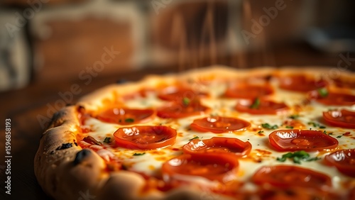 Close-up of freshly baked pepperoni pizza with melted mozzarella and steam rising in warm golden tones.