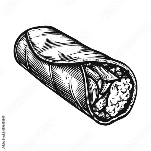 Chicken burrito illustration in vintage style with detailed drawing. This chicken burrito art showcases layers of meat, rice, and vegetables, all wrapped in a soft tortilla.