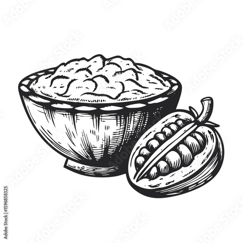 Cornmeal porridge in bowl near cut fruit displays simple ingredients. Savory cornmeal porridge is a rustic dish offering a glimpse into natural and healthy foods.