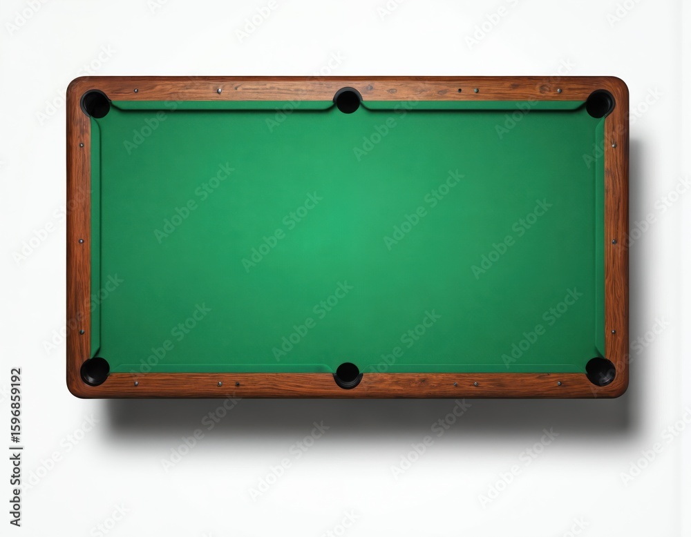 Obraz premium Classic green pool table with smooth surface and curved top. Billiard balls arranged, reflecting light, anticipating new challenge. Neatly placed, awaiting game.