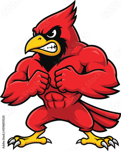 Muscular red bird cartoon character, fierce cardinal pose, fighting stance, yellow beak and claws, powerful mascot design, aggressive expression