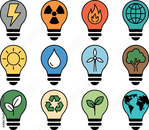 Collection of twelve light bulbs each containing a different symbol representing energy sources