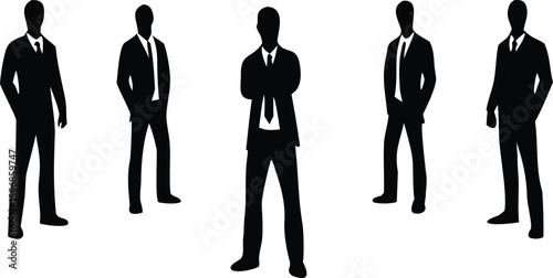 Five black silhouettes of men in suits standing against a white background vector