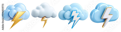 3D thunderstorm cloud icons with lightning bolts on transparent background — weather app symbols and storm forecast visuals