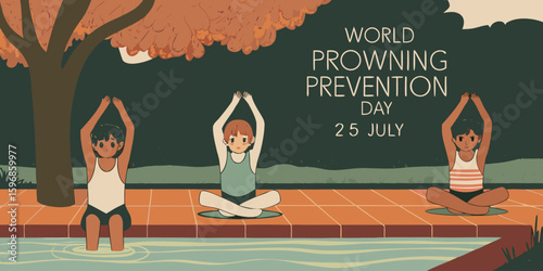 Children practicing yoga by the water for drowning prevention pool