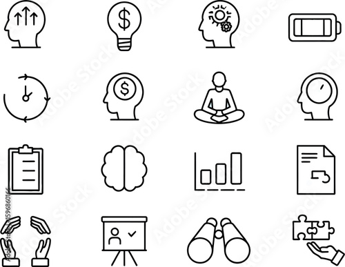 A collection of business and self improvement icons in black and blue on a white background
