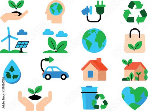 A collection of sixteen environmental icons representing sustainability and conservation efforts