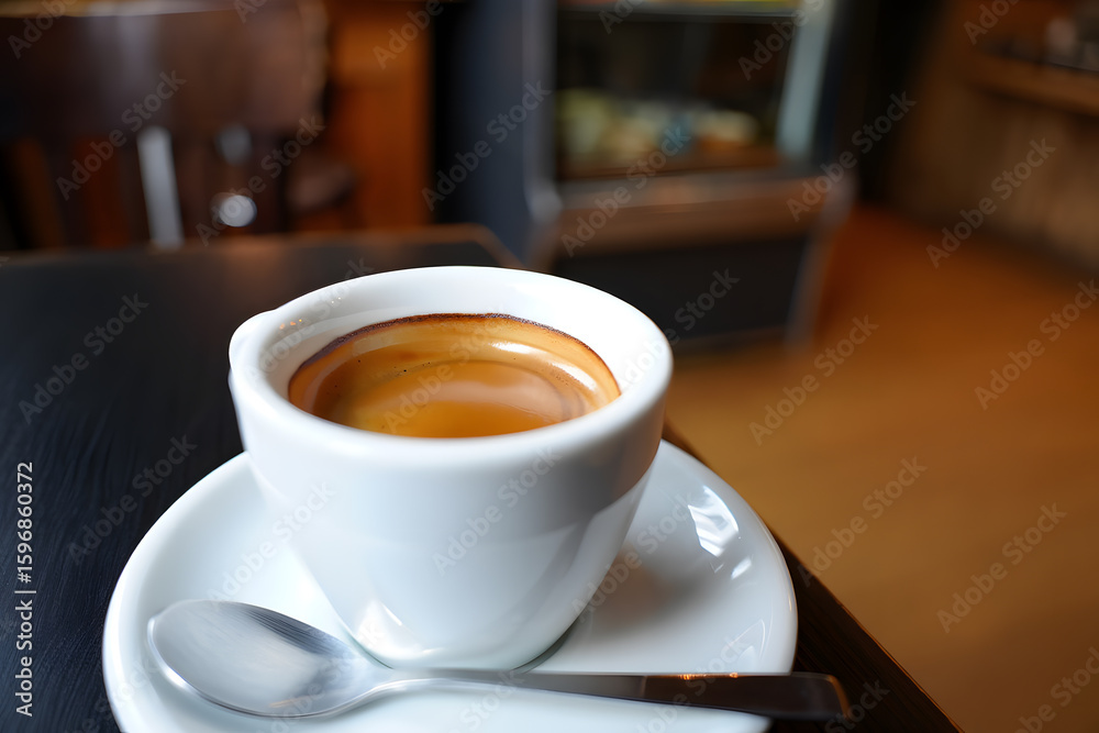 Fototapeta premium Espresso Coffee in White Cup, Warm Lighting, Cafe Setting, Close-Up Shot