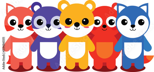 Colorful Cartoon Animal Characters Standing Together in a Row Isolated on White