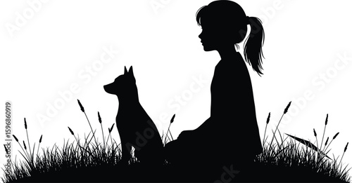 Silhouette of person and dog sitting in grass, peaceful outdoor scene, nature, friendship, tranquility, companionship, bond