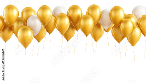 Golden and white helium balloons garland isolated on transparent background — celebration, party and luxury concept