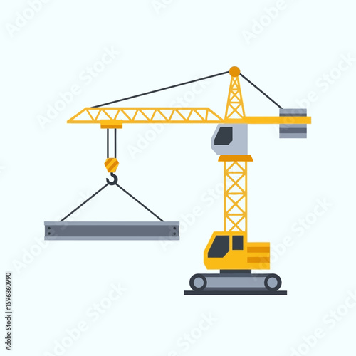 Yellow crane lifting a gray beam against a light blue background.