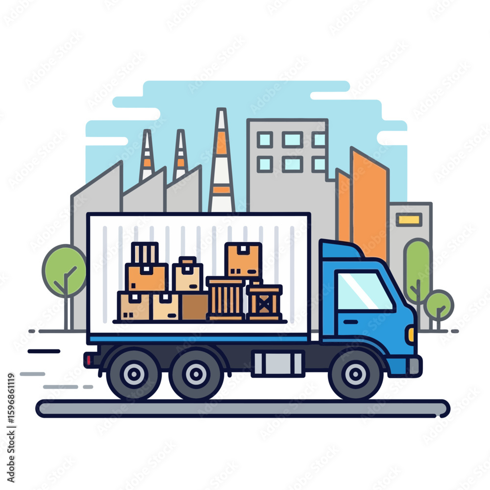 Naklejka premium Blue truck with cardboard boxes on a road with city buildings background.